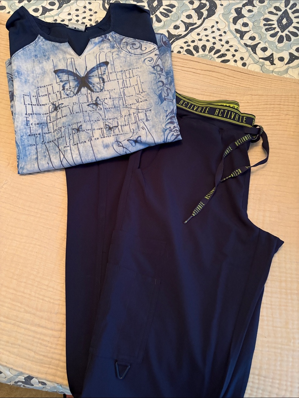 Navy scrub set with Blue Butterfly Top